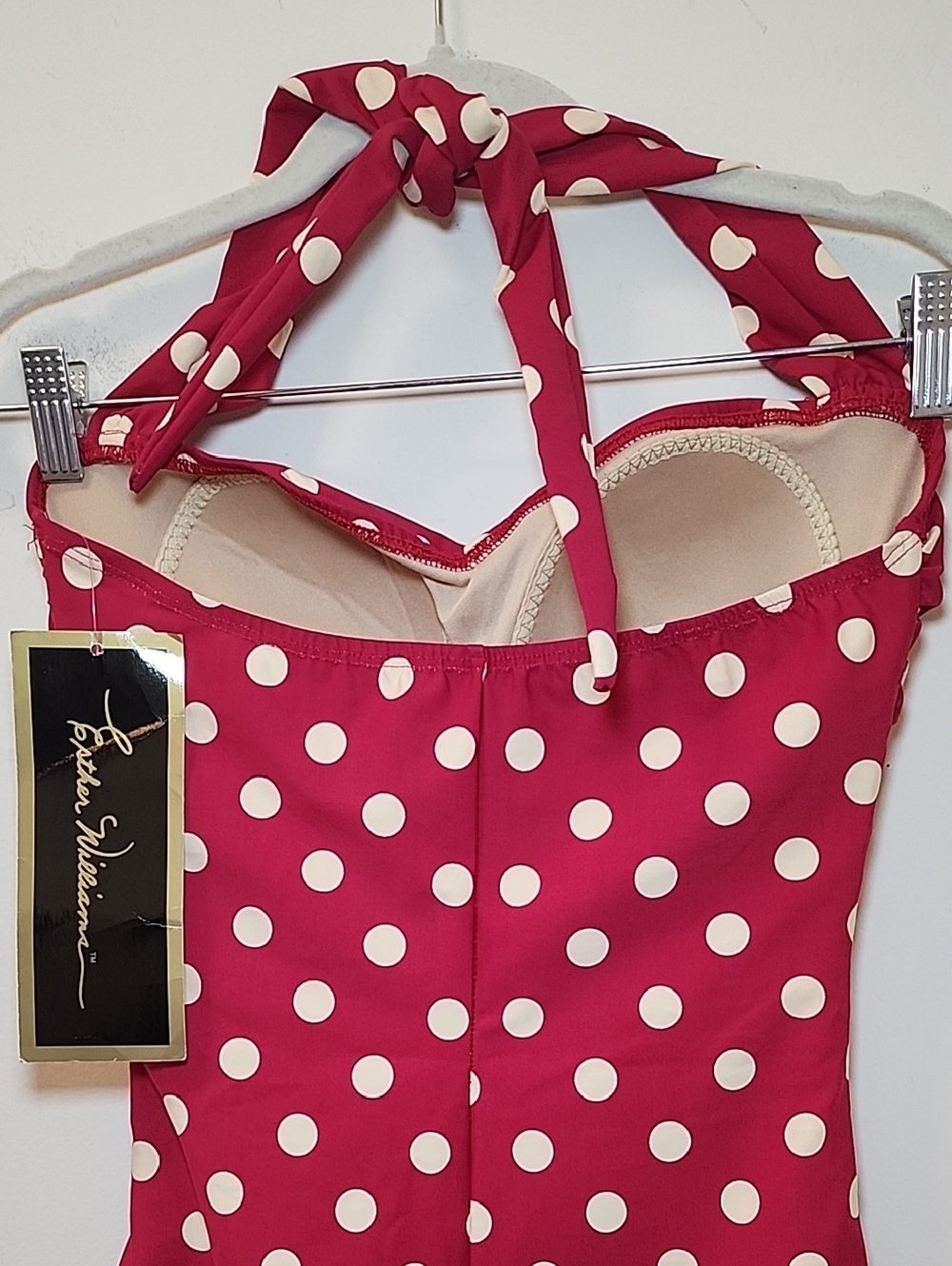 Esther Williams red white polkadot halter one-piece swimsuit ruched fabric Sz 12 - Picture 11 of 16